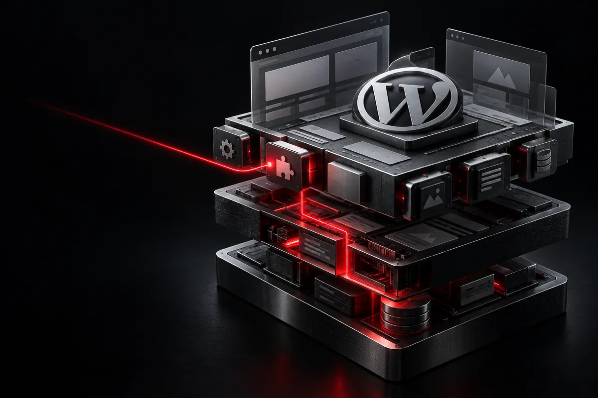 A modular WordPress stack rendered in graphite, with a red signal path cutting through its plugin layer.