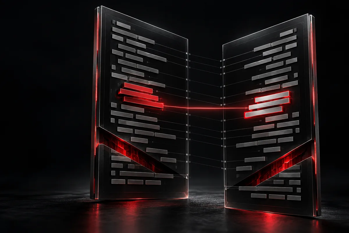Two slabs of code facing each other in the dark, one changed line lit red and traced across the gap.