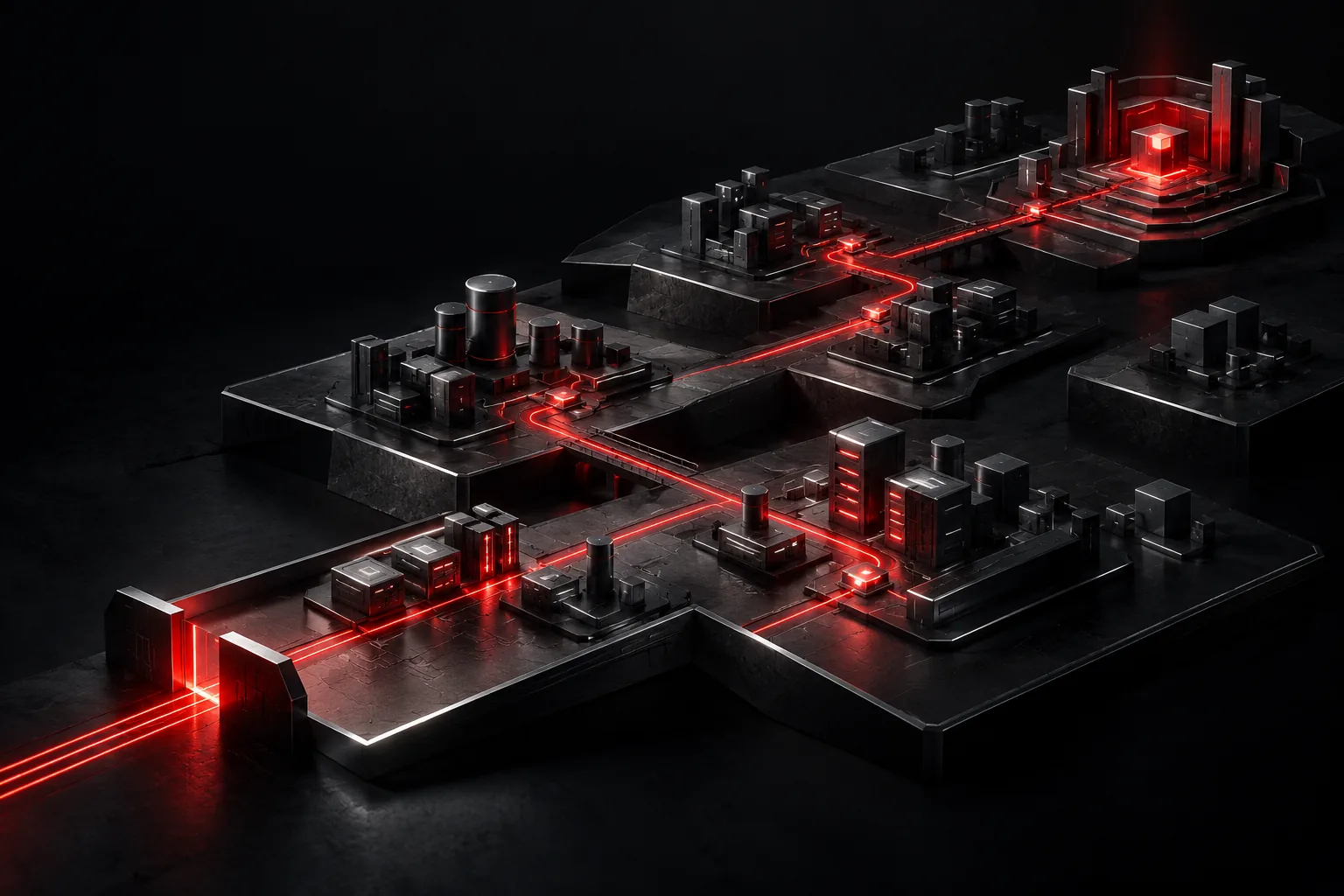 An isometric landscape of graphite platforms and server blocks, a single red path routing between them toward a glowing objective.